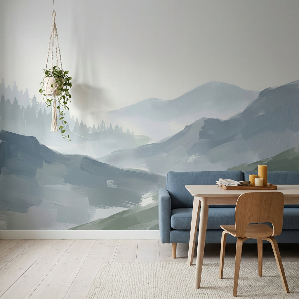 Sisli Dağ Manzaralı Poster Duvar Kağıdı Pastel Mavi Yeşil Salon