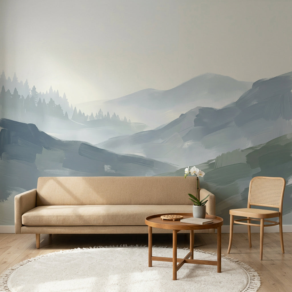 Sisli Dağ Manzaralı Poster Duvar Kağıdı Pastel Mavi Yeşil Salon