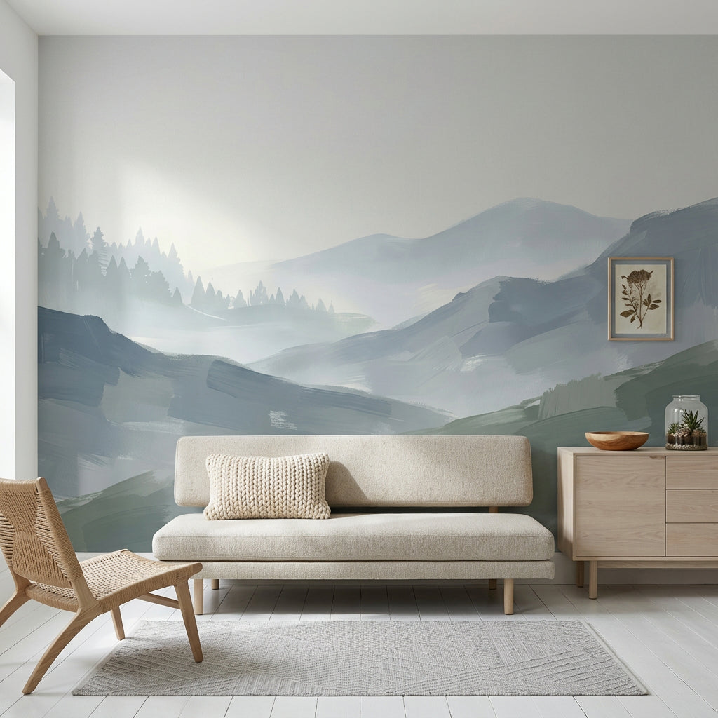 Sisli Dağ Manzaralı Poster Duvar Kağıdı Pastel Mavi Yeşil Salon