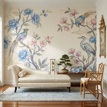 Kuşlu Çiçekli Poster Duvar Kağıdı Krem Zemin Salon
