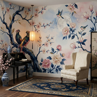Çiçekli Kuşlu Poster Duvar Kağıdı Pastel Mavi Pembe Salon