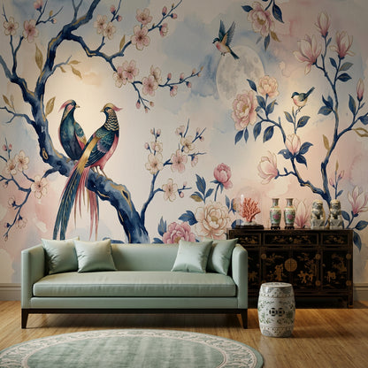 Çiçekli Kuşlu Poster Duvar Kağıdı Pastel Mavi Pembe Salon