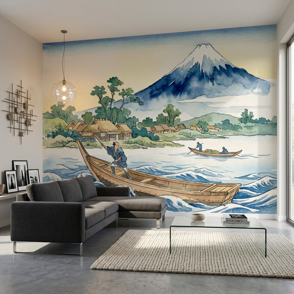 Japon Manzaralı Poster Duvar Kağıdı Mavi Dağ ve Göl