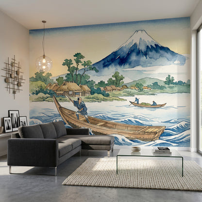 Japon Manzaralı Poster Duvar Kağıdı Mavi Dağ ve Göl