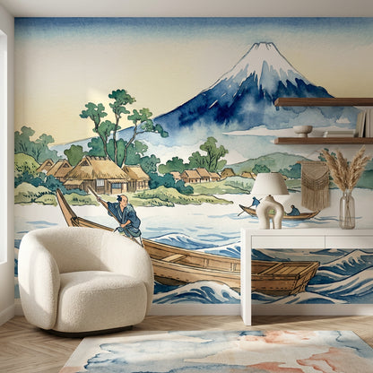 Japon Manzaralı Poster Duvar Kağıdı Mavi Dağ ve Göl