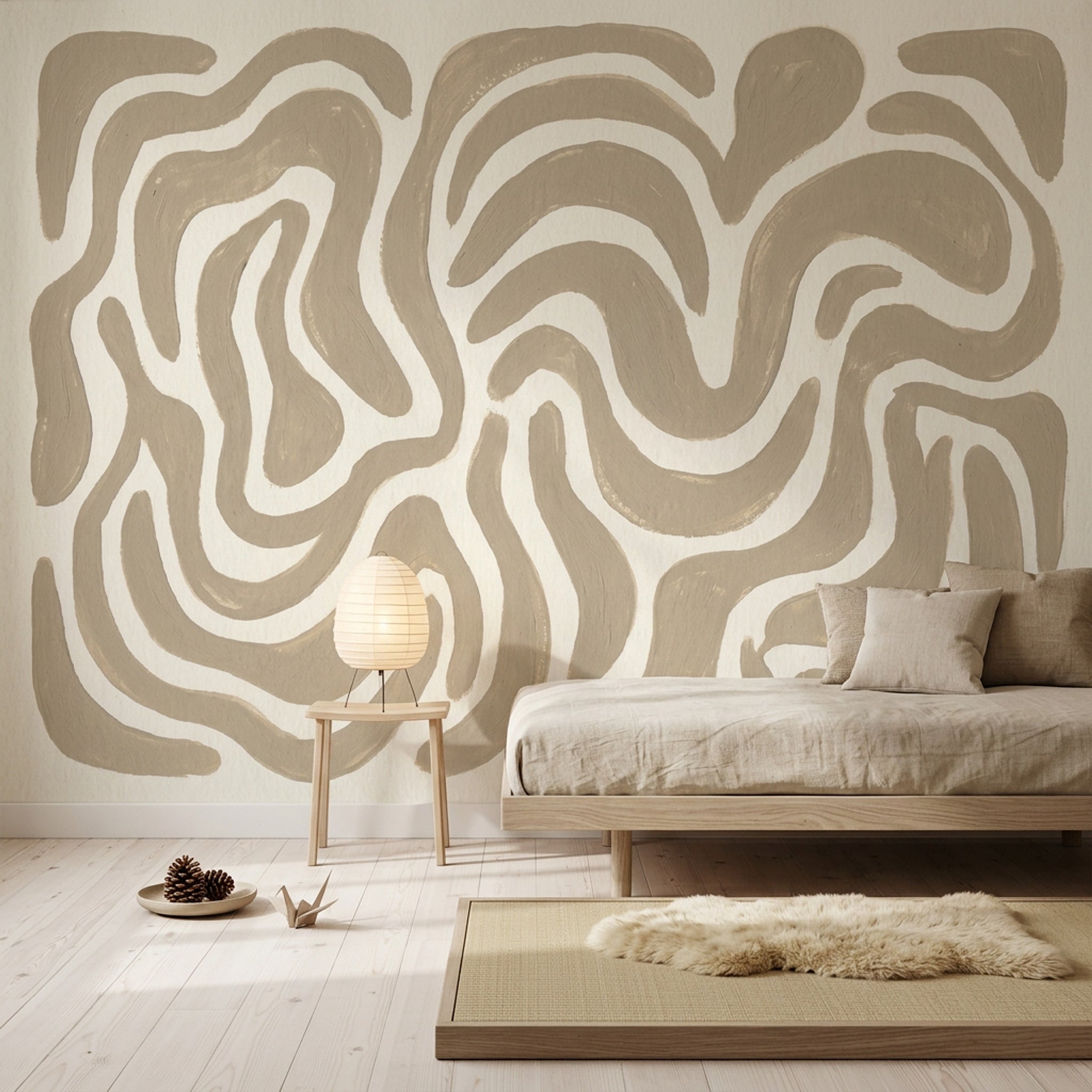 Bej Soyut Dalgalı Poster Duvar Kağıdı Modern Salon Duvarı