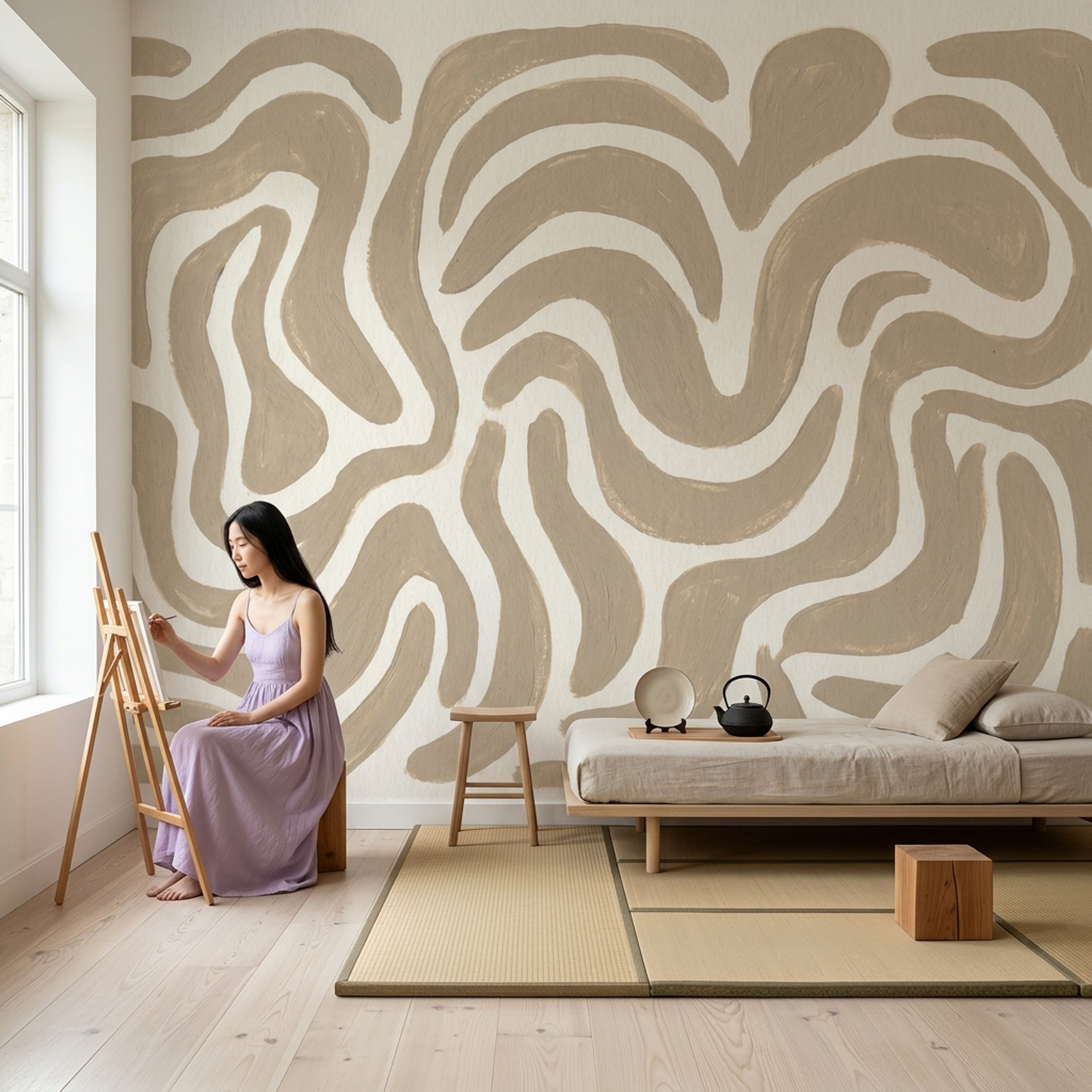 Bej Soyut Dalgalı Poster Duvar Kağıdı Modern Salon Duvarı