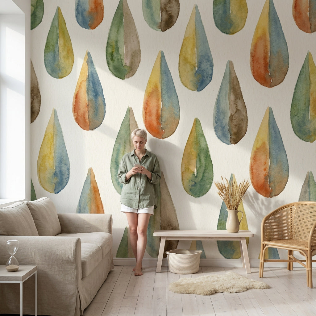 Suluboya Damla Desenli Poster Duvar Kağıdı Renkli Modern Salon