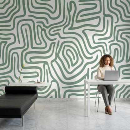 Soyut Kıvrımlı Çizgili Poster Duvar Kağıdı Yeşil Salon