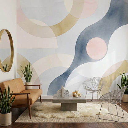 Pastel Soyut Geometrik Poster Duvar Kağıdı Bej Lacivert Salon