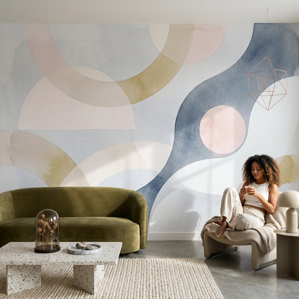 Pastel Soyut Geometrik Poster Duvar Kağıdı Bej Lacivert Salon