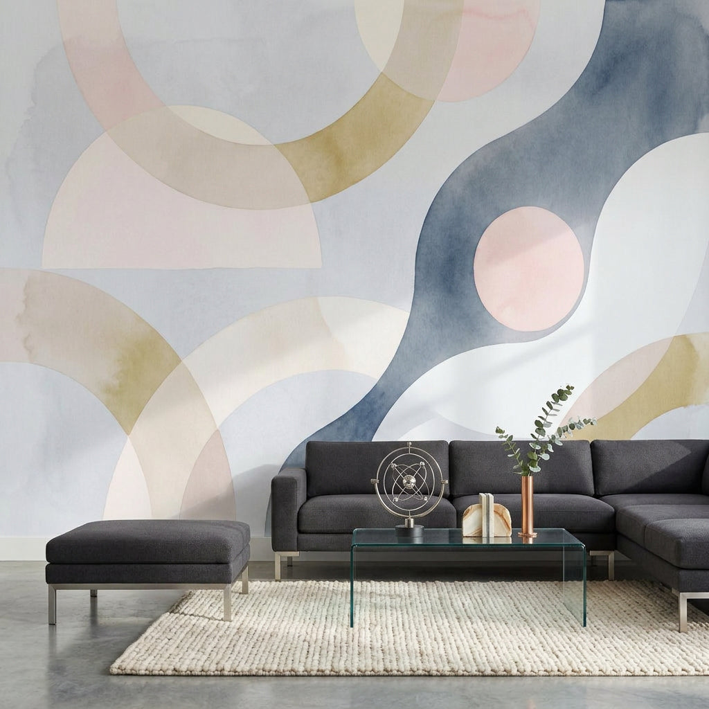 Pastel Soyut Geometrik Poster Duvar Kağıdı Bej Lacivert Salon