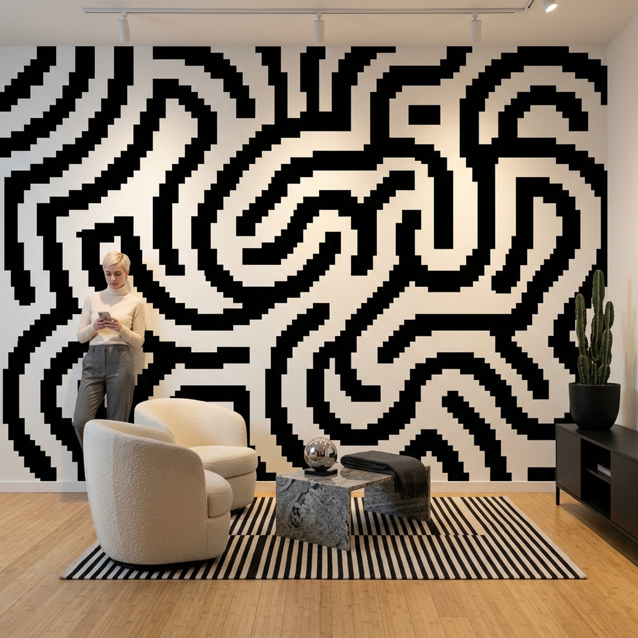 Siyah Beyaz Labirent Desenli Poster Duvar Kağıdı Modern Salon