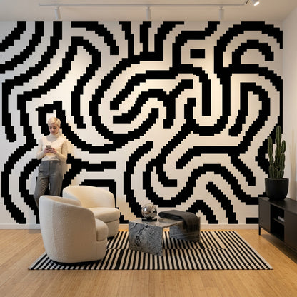 Siyah Beyaz Labirent Desenli Poster Duvar Kağıdı Modern Salon