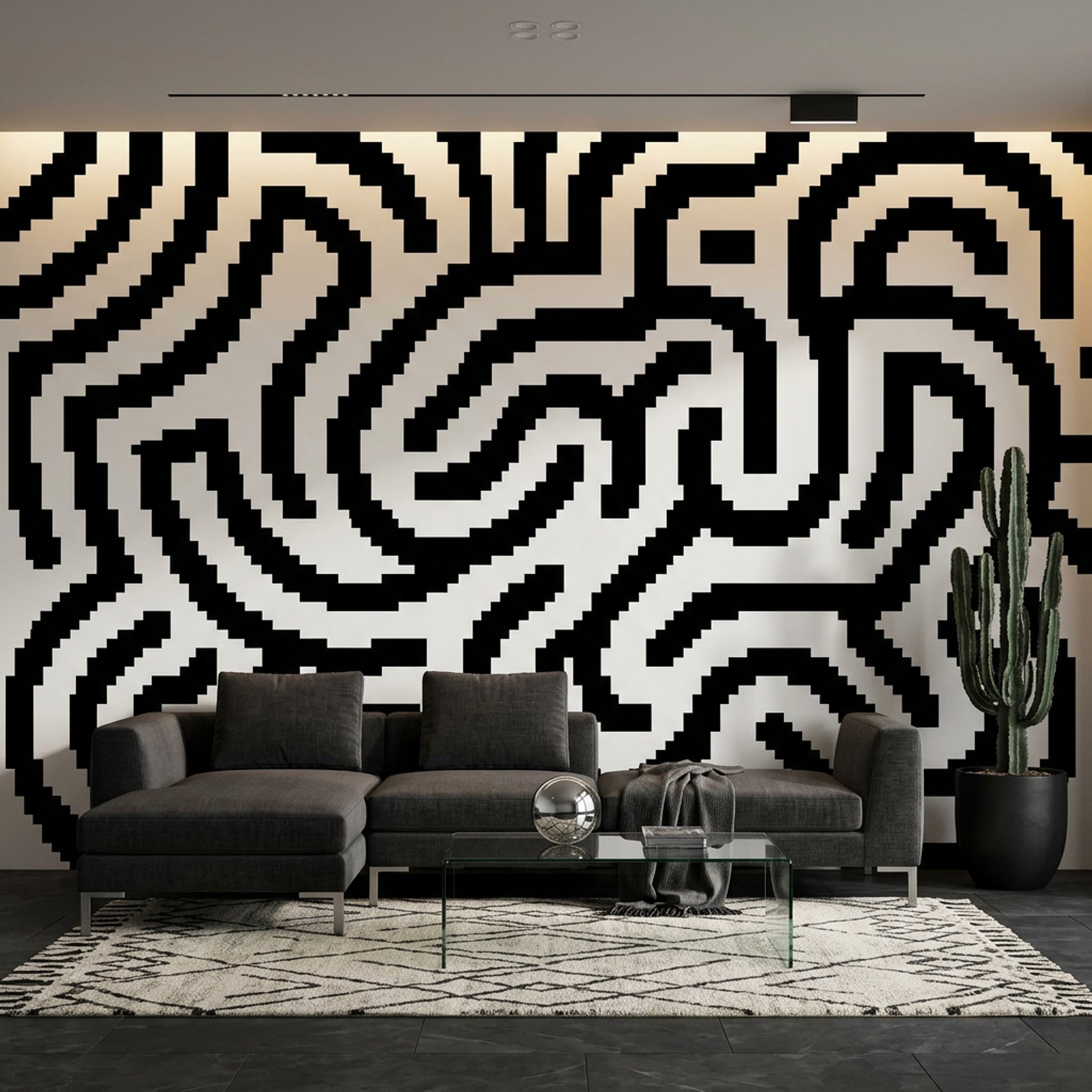 Siyah Beyaz Labirent Desenli Poster Duvar Kağıdı Modern Salon