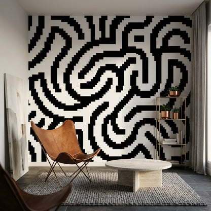 Siyah Beyaz Labirent Desenli Poster Duvar Kağıdı Modern Salon