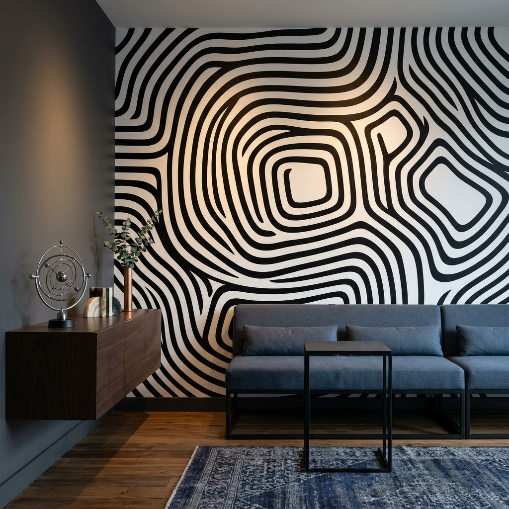 Siyah Beyaz Organik Çizgili Poster Duvar Kağıdı Modern Salon