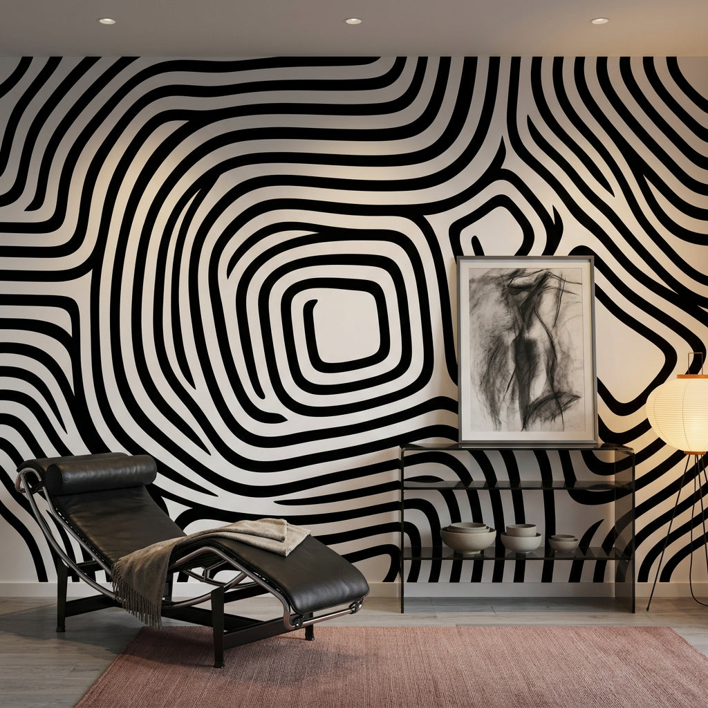 Siyah Beyaz Organik Çizgili Poster Duvar Kağıdı Modern Salon