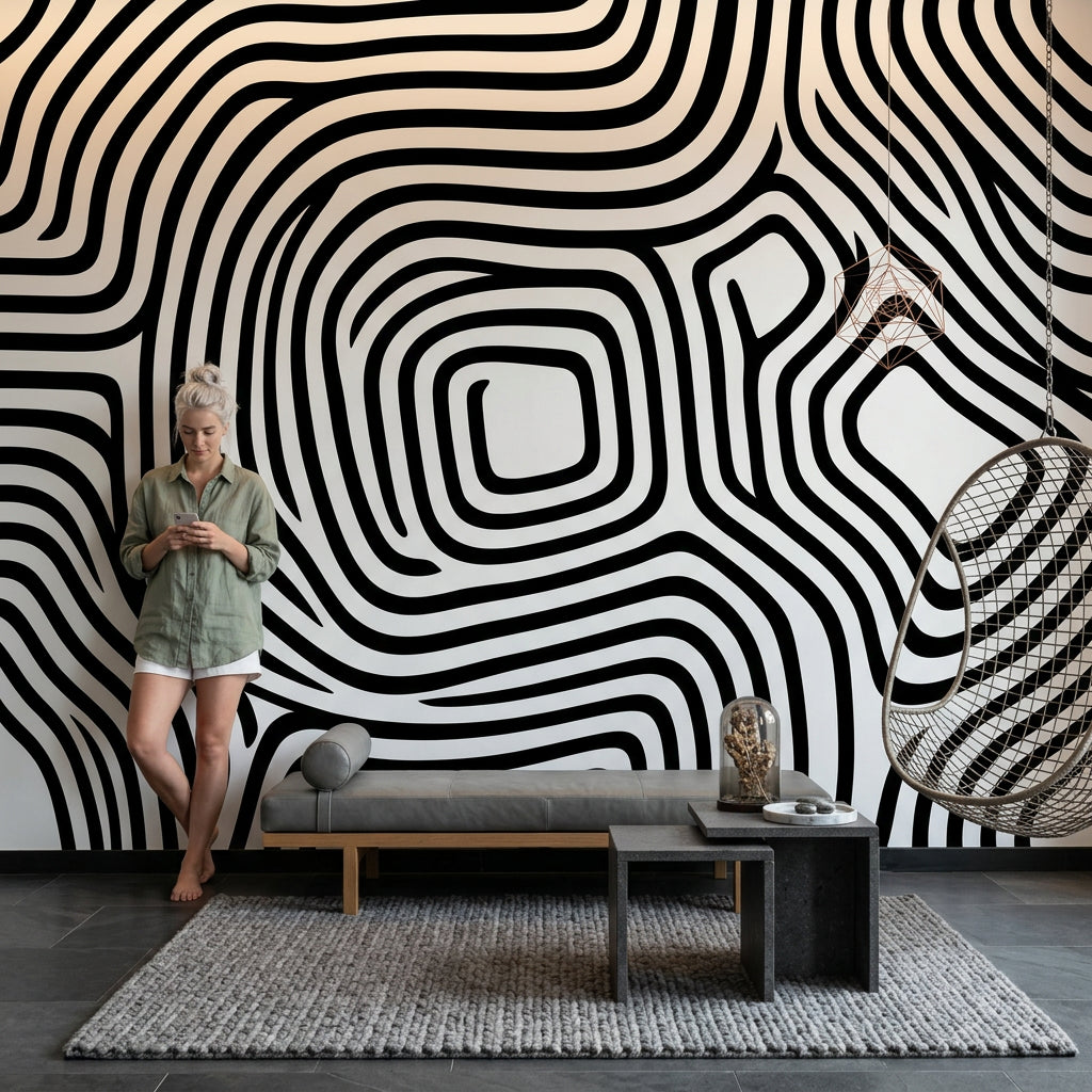 Siyah Beyaz Organik Çizgili Poster Duvar Kağıdı Modern Salon