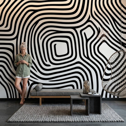 Siyah Beyaz Organik Çizgili Poster Duvar Kağıdı Modern Salon