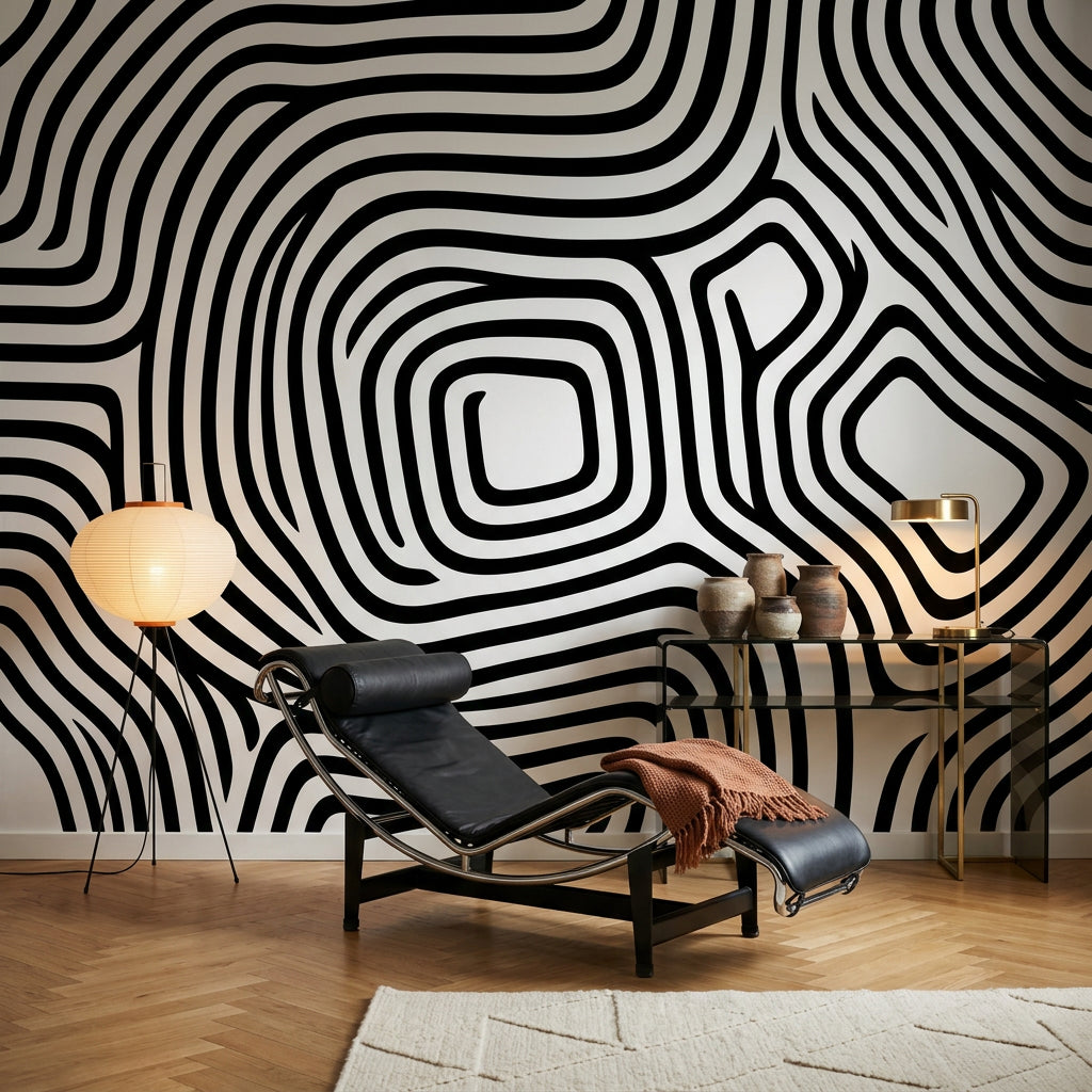 Siyah Beyaz Organik Çizgili Poster Duvar Kağıdı Modern Salon