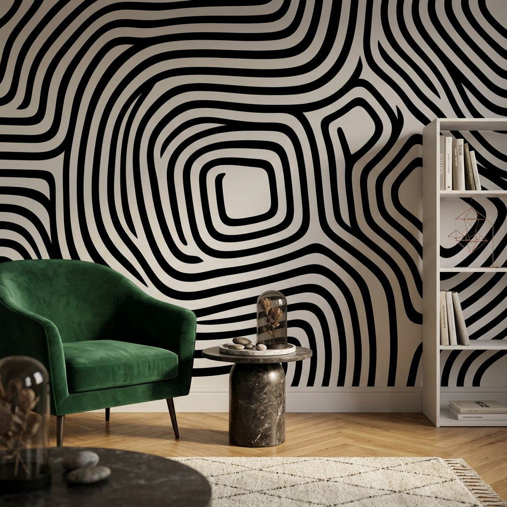 Siyah Beyaz Organik Çizgili Poster Duvar Kağıdı Modern Salon