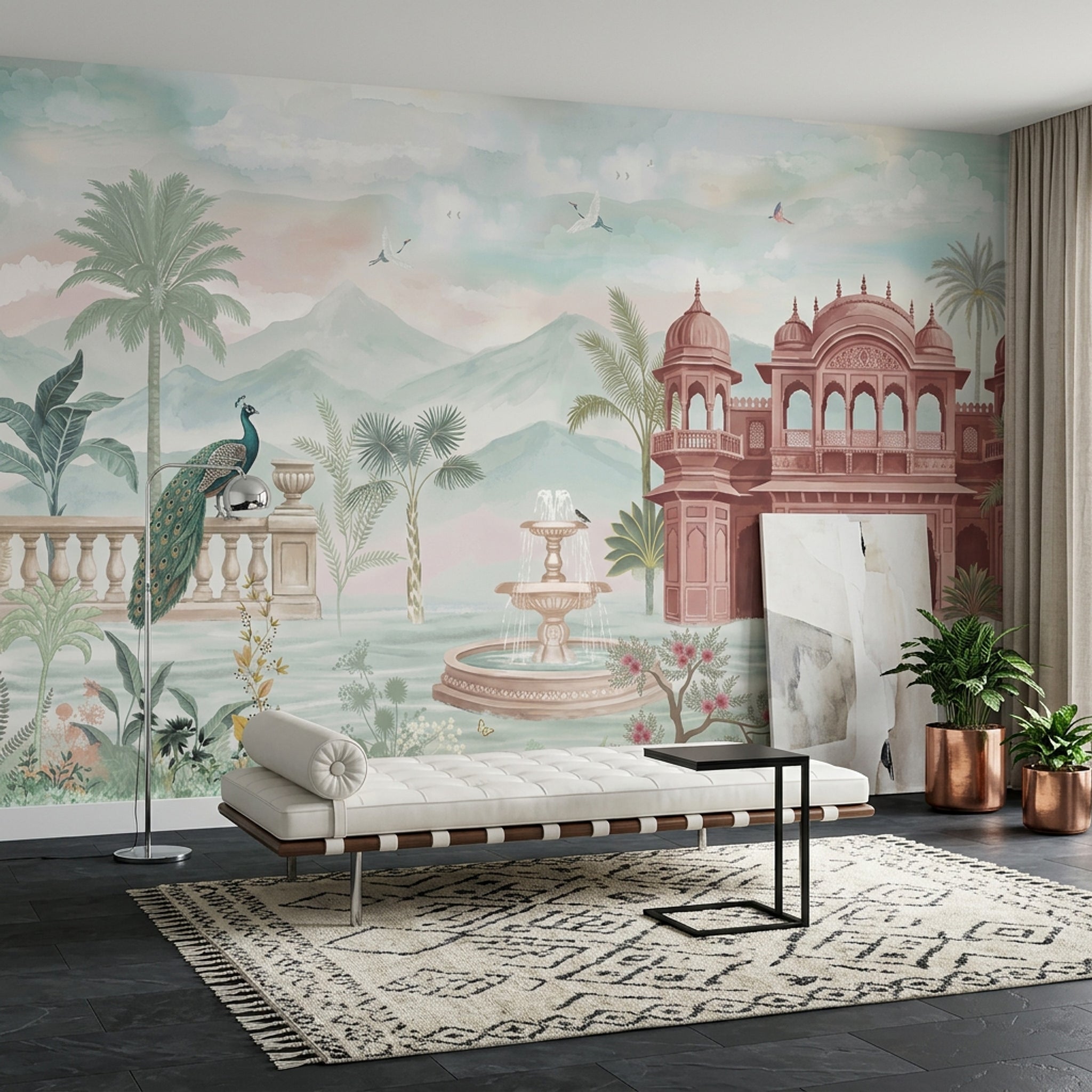 Tavus Kuşu Saray Manzaralı Poster Duvar Kağıdı Pastel Yeşil Salon