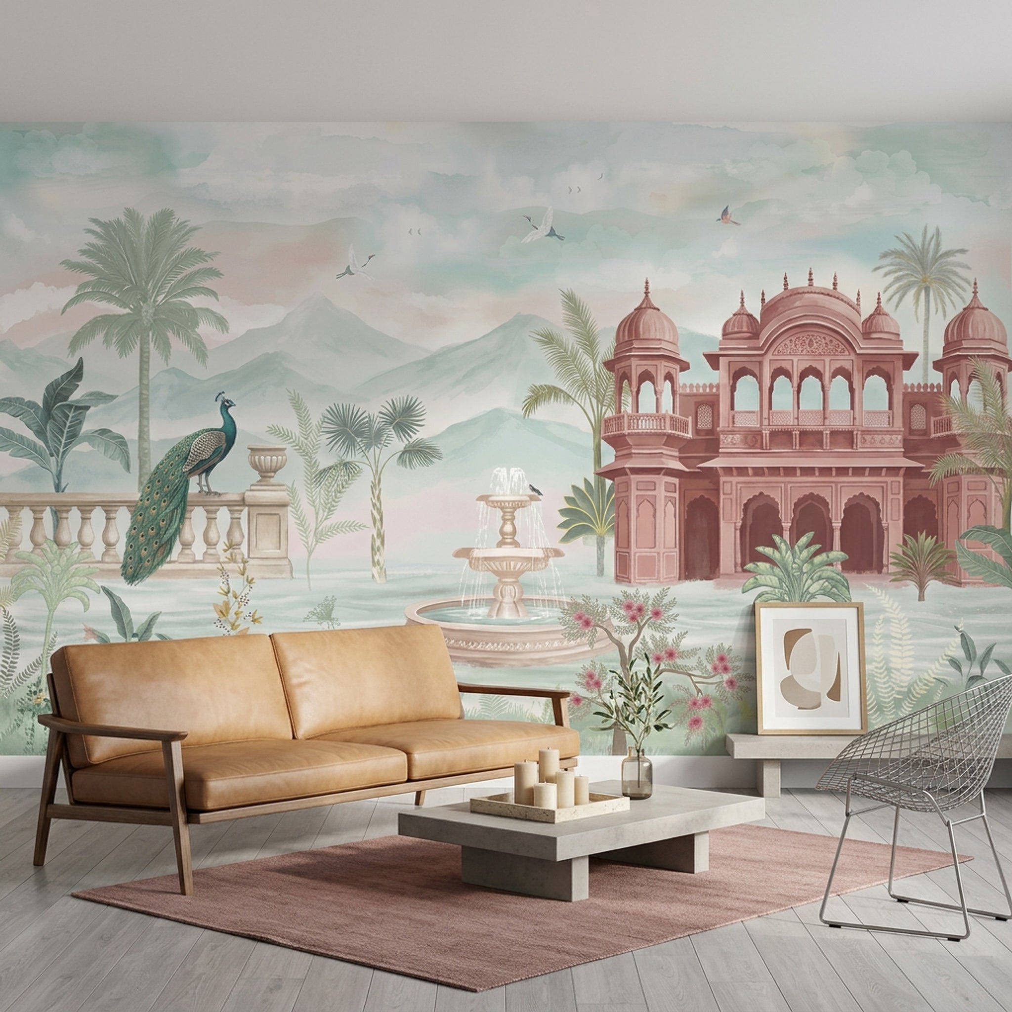 Tavus Kuşu Saray Manzaralı Poster Duvar Kağıdı Pastel Yeşil Salon