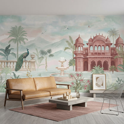Tavus Kuşu Saray Manzaralı Poster Duvar Kağıdı Pastel Yeşil Salon