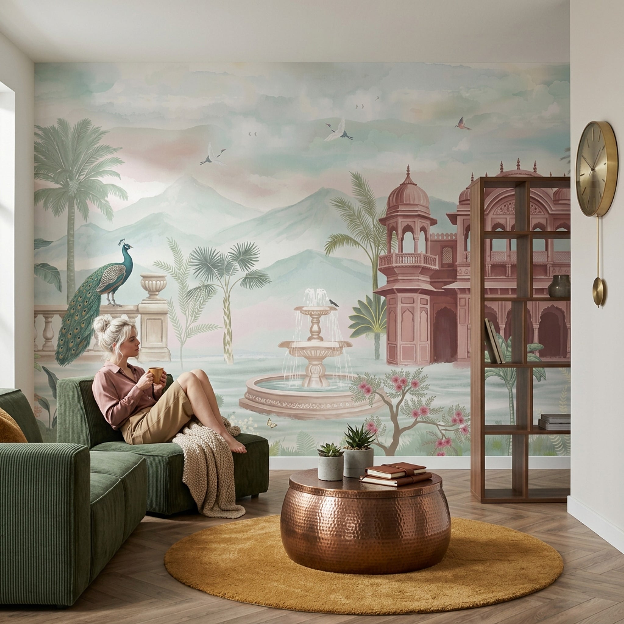 Tavus Kuşu Saray Manzaralı Poster Duvar Kağıdı Pastel Yeşil Salon