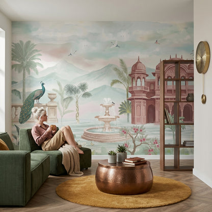 Tavus Kuşu Saray Manzaralı Poster Duvar Kağıdı Pastel Yeşil Salon