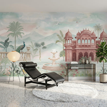 Tavus Kuşu Saray Manzaralı Poster Duvar Kağıdı Pastel Yeşil Salon