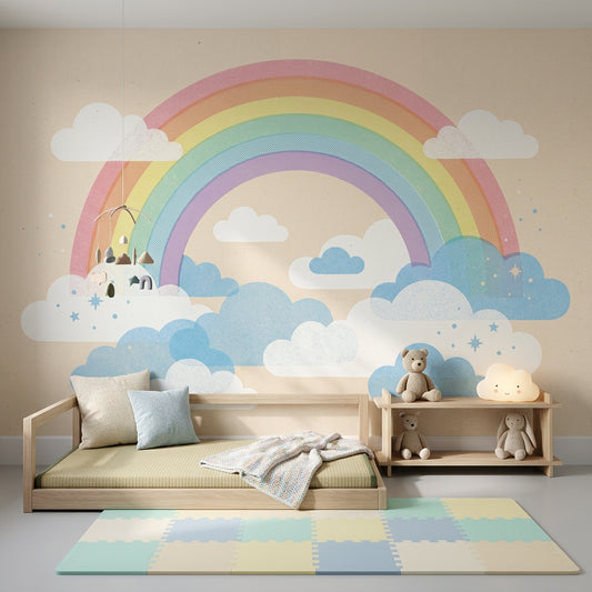 Gökkuşağı ve Bulutlu Poster Duvar Kağıdı Bebek Odası Pastel