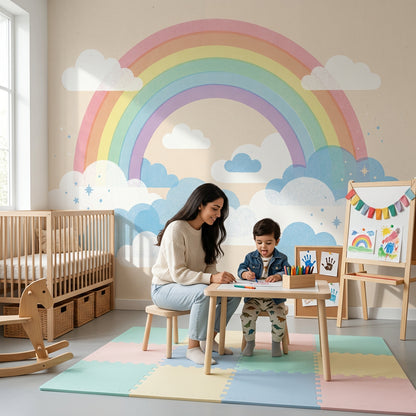 Gökkuşağı ve Bulutlu Poster Duvar Kağıdı Bebek Odası Pastel