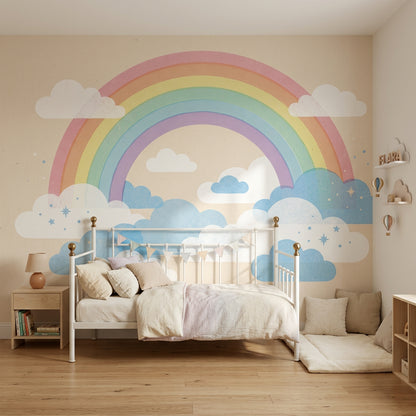 Gökkuşağı ve Bulutlu Poster Duvar Kağıdı Bebek Odası Pastel