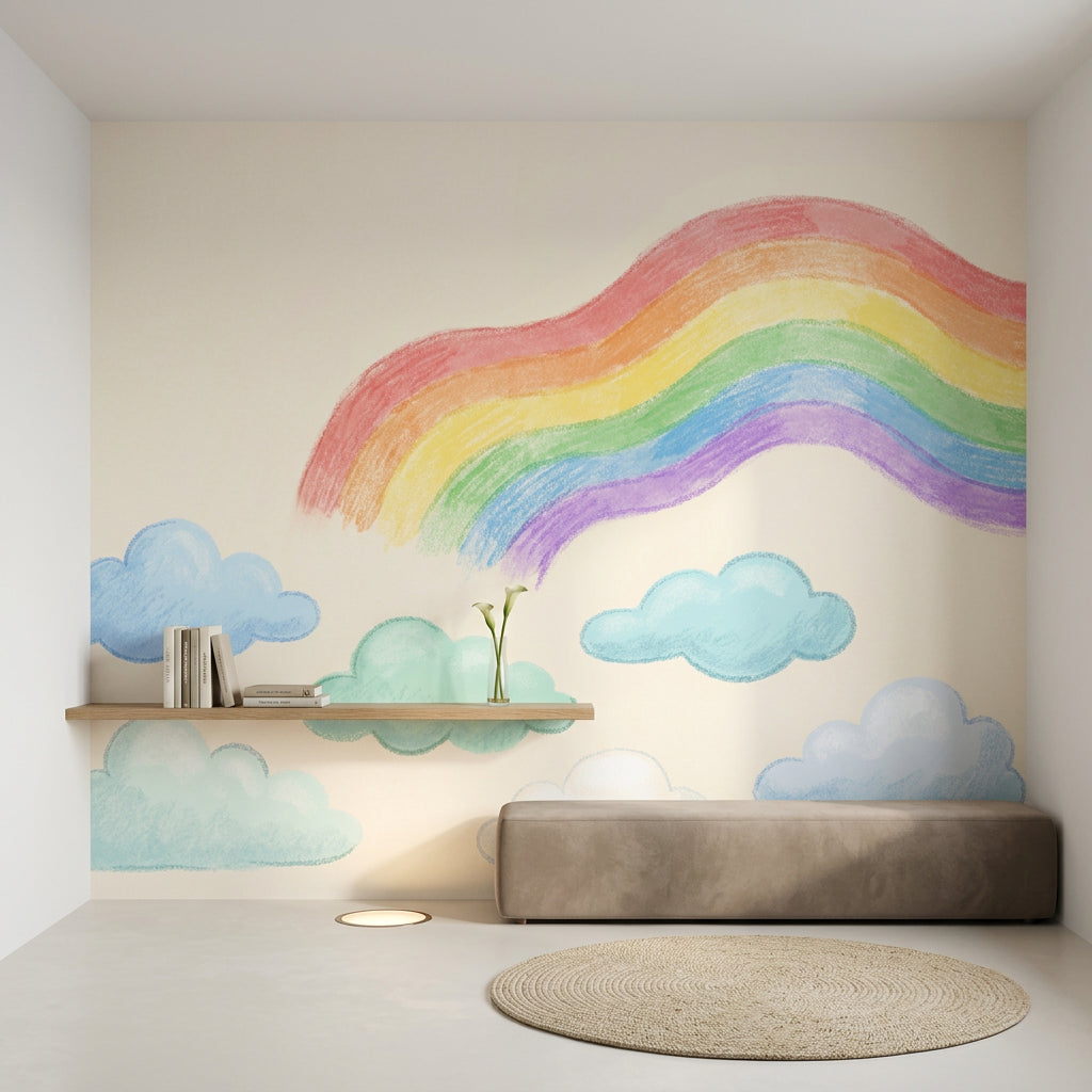 Gökkuşağı ve Bulutlu Poster Duvar Kağıdı Pastel Çocuk Odası