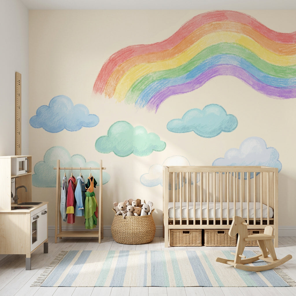 Gökkuşağı ve Bulutlu Poster Duvar Kağıdı Pastel Çocuk Odası