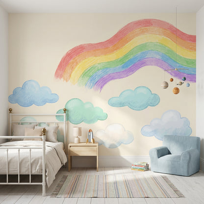 Gökkuşağı ve Bulutlu Poster Duvar Kağıdı Pastel Çocuk Odası