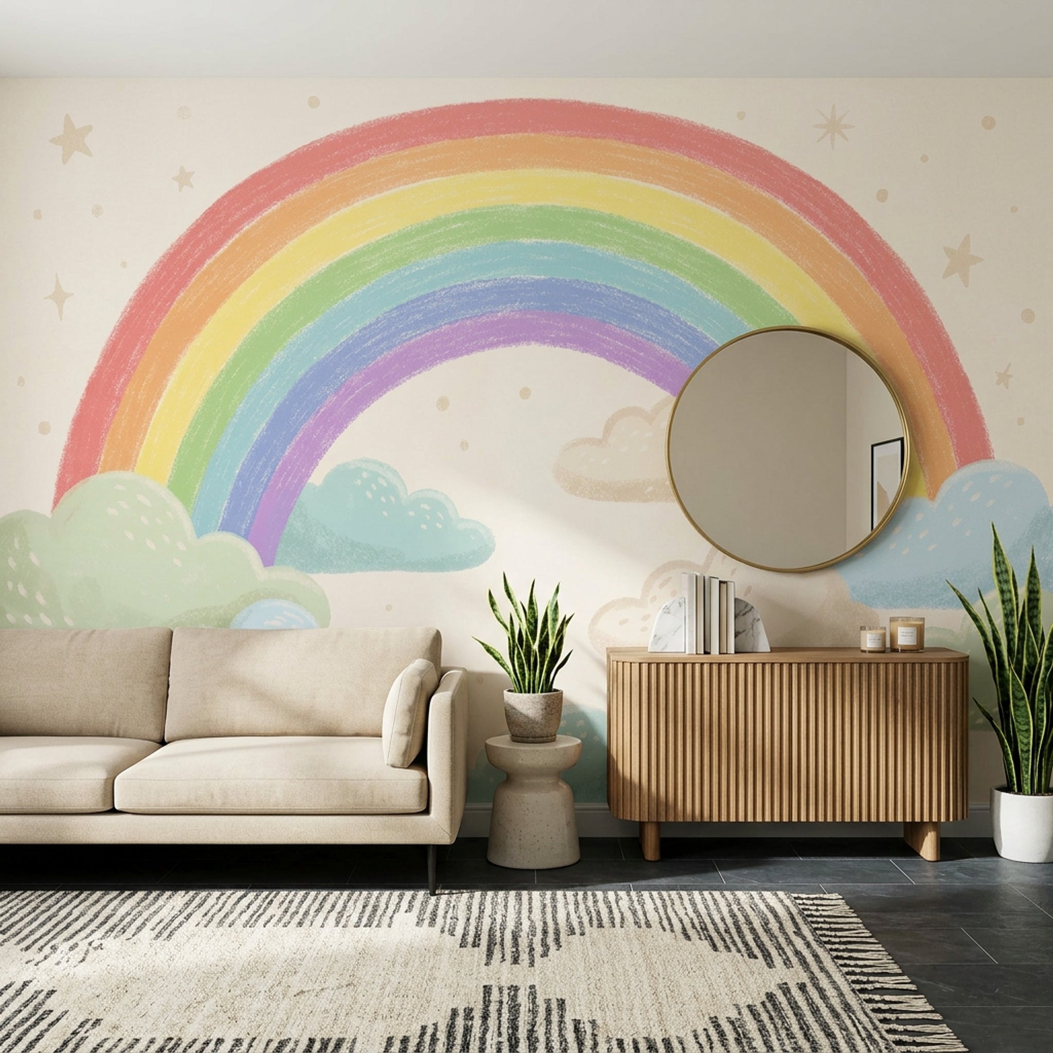 Pastel Gökkuşağı Poster Duvar Kağıdı Bulutlu Çocuk Odası