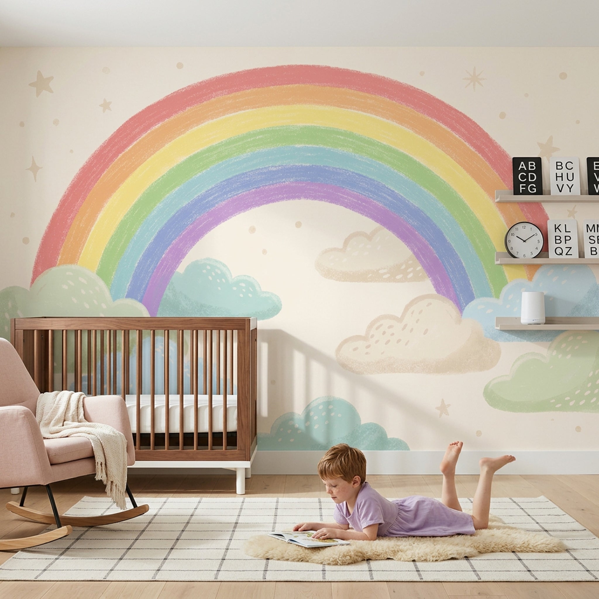 Pastel Gökkuşağı Poster Duvar Kağıdı Bulutlu Çocuk Odası