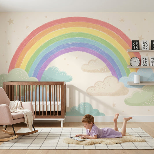 Pastel Gökkuşağı Poster Duvar Kağıdı Bulutlu Çocuk Odası