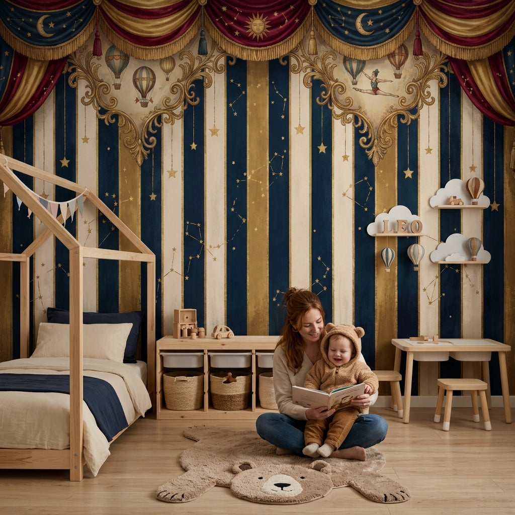 Sirk Perdesi Yıldızlı Poster Duvar Kağıdı Lacivert Altın Salon