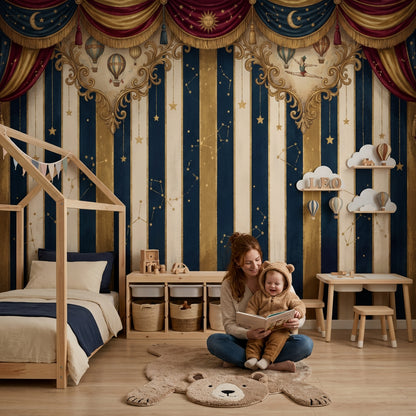 Sirk Perdesi Yıldızlı Poster Duvar Kağıdı Lacivert Altın Salon