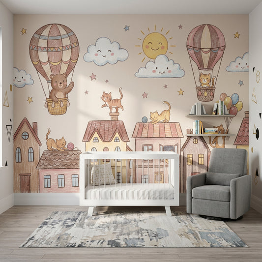 Balon ve Sevimli Hayvanlı Poster Duvar Kağıdı Bebek Odası