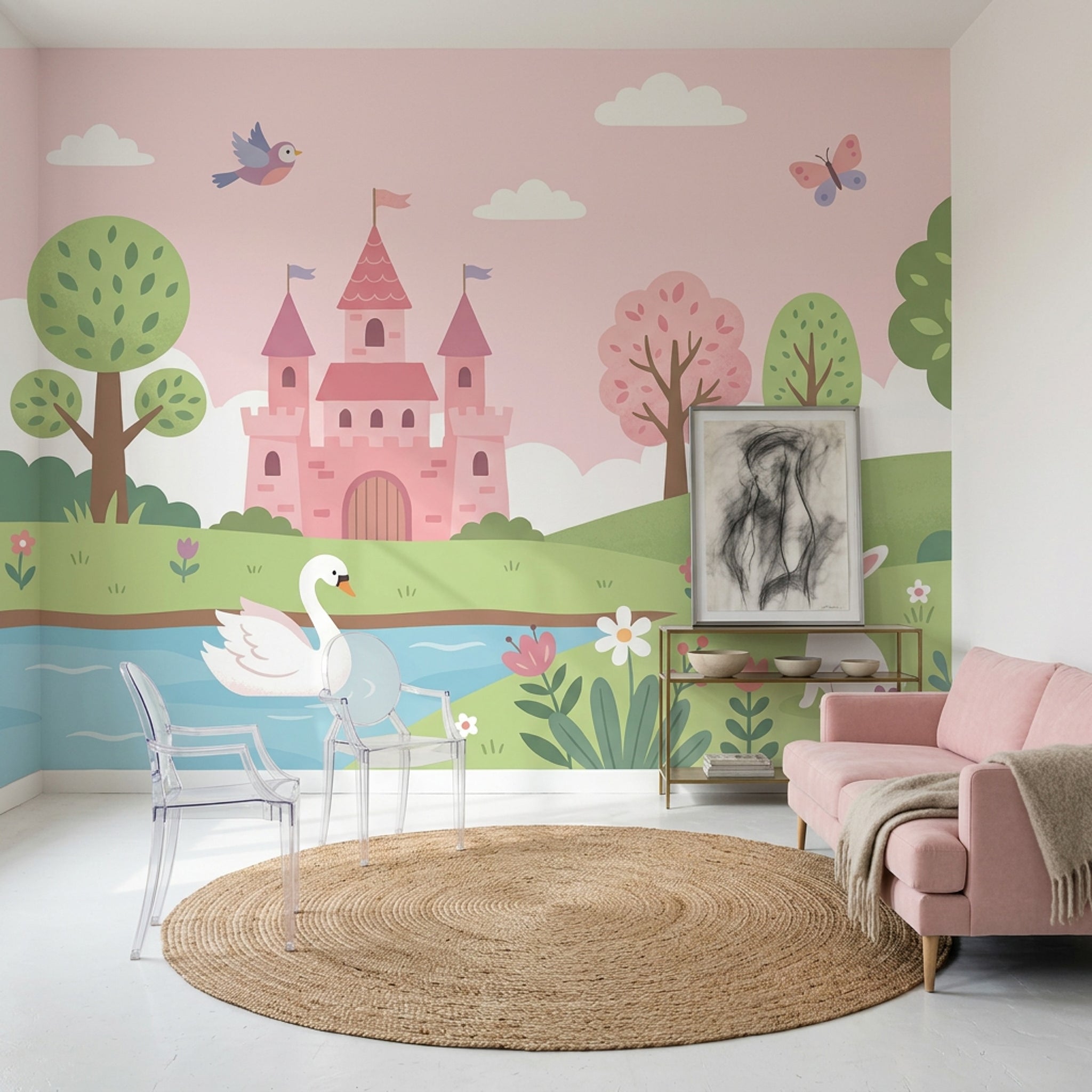 Masal Şatosu Poster Duvar Kağıdı Pembe Çocuk Odası