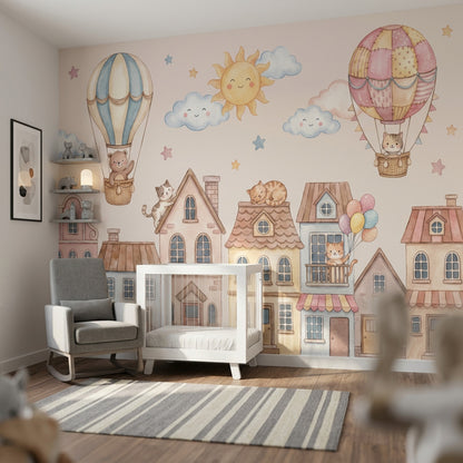 Balonlu Sevimli Kedili Poster Duvar Kağıdı Pastel Çocuk Odası