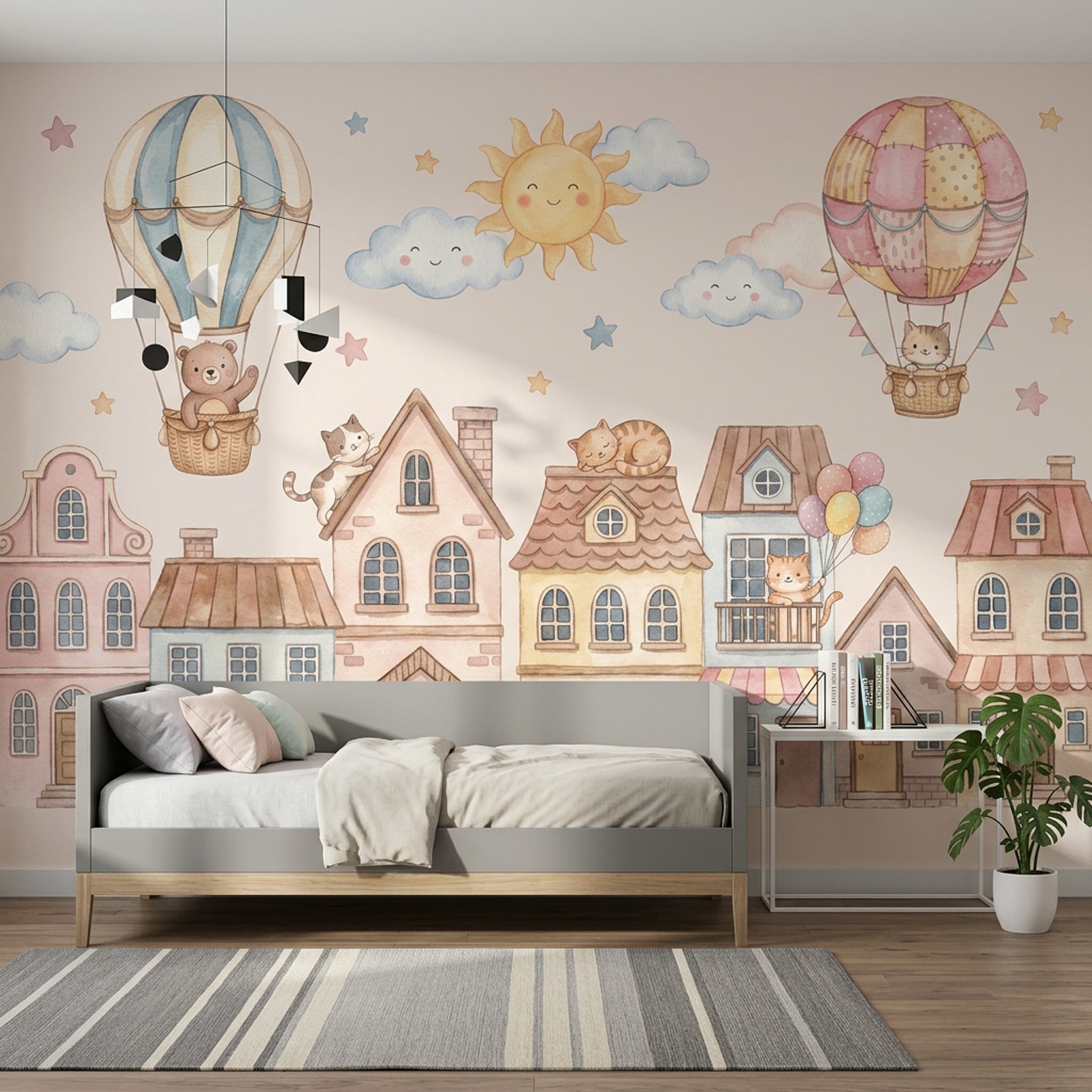 Balonlu Sevimli Kedili Poster Duvar Kağıdı Pastel Çocuk Odası
