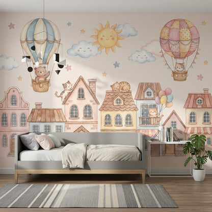 Balonlu Sevimli Kedili Poster Duvar Kağıdı Pastel Çocuk Odası