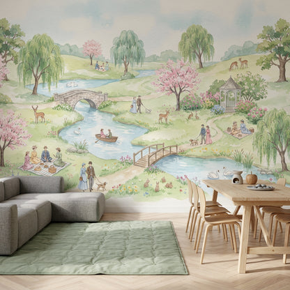Pastel Park Manzaralı Poster Duvar Kağıdı Yeşil Pembe Desenli