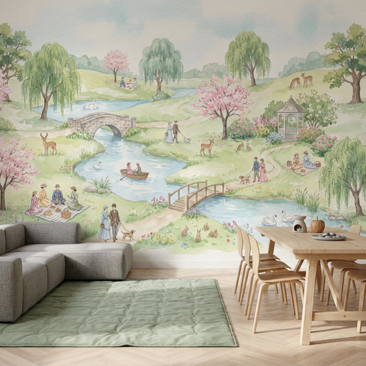 Pastel Park Manzaralı Poster Duvar Kağıdı Yeşil Pembe Desenli